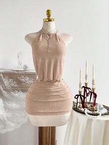 Elamini Sexy Backless Halter Metallic Shiny Mini Dress For Party - Champagne - View 3