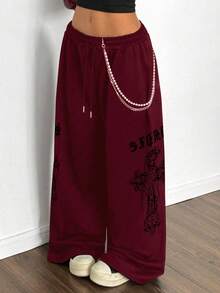 StreetHx Women's Punk Letter & Cross Print Wide Leg Sweatpants - Burgundy - View 3