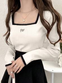 FRIFUL Women's Contrast Color Square Neck Long Sleeve Bow Decor Slim Fit Casual Pullover Sweater, Autumn - White - View 4