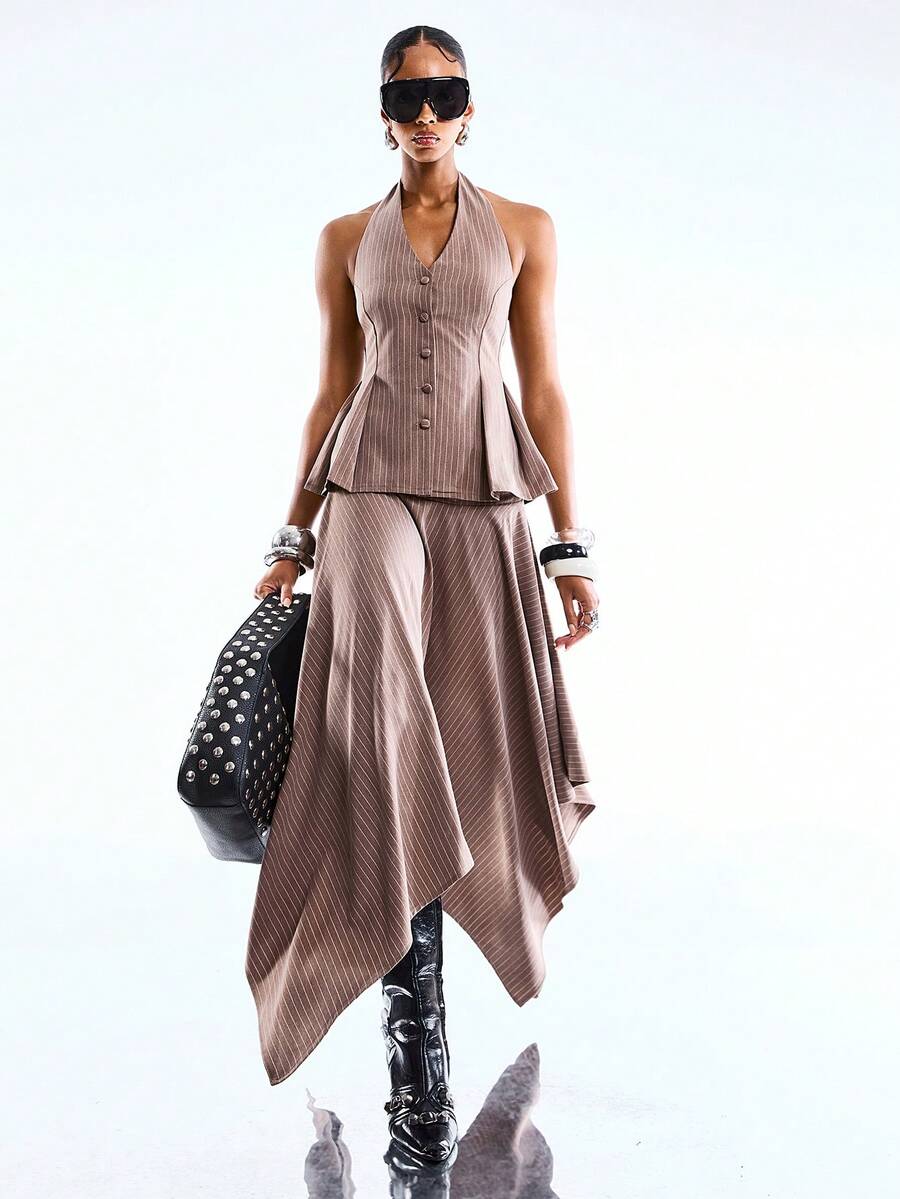 LYSMO 2026 New Arrive Minimalism Spring/Summer Women's Printed Minimalist Casual Sleeveless Top And Skirt Suit Set - Khaki - View 1