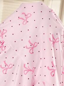 SHEIN Maternity Bow & Polka Dot Print Fitted Short Sleeve Dress - Pink - View 5