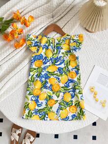 SHEIN Young Girl Frill Trim Keyhole Back Butterfly Sleeve Dress ,Lemon Print Ruffle Sleves Long Dress , Summer Vacation,Mom And Daughter & Sisters Matching Style ,Matching Family Vacation , Holidays,Beach Vacation, Lemon Print Dress For Girls, Girls Summer Dress - Yellow - View 5