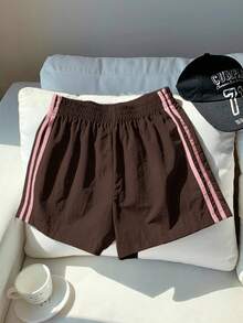 Comfortcana Women's Elastic Waist Brown Striped Shorts,Summer Athleisure Gym Casual Sports Loose Contrast Pink Side Stripe Versatile Daily Street Wear Cargo - Brown - View 3