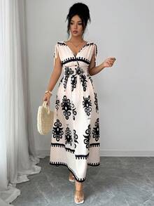 Elenzga Latest Pattern Print V-Neck Shoulder Tie Waist Dress, Vacation Style, Spring & Summer - Apricot - View 7