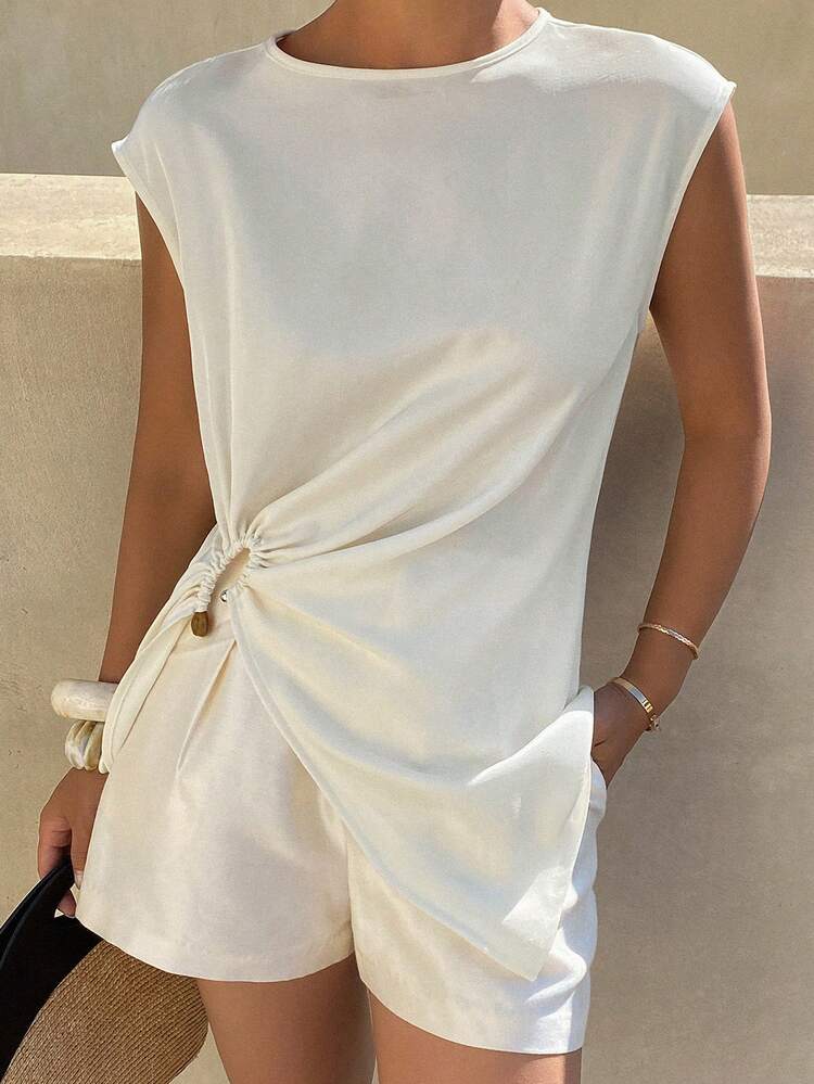 Women's Solid Color Metal Buckle Twist Asymmetrical Round Neck Elegant Formal Spring/Summer Blouse