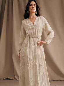 Anewsta Vestido de lino con cuello en V, cintura ceñida y bordado floral elegante para mujeres - Albaricoque - Ver 1