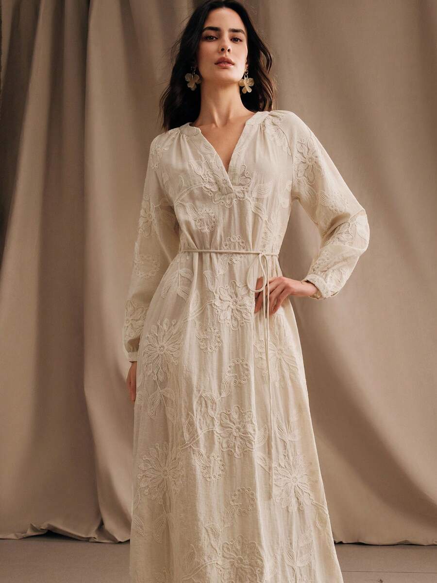 Anewsta Vestido de lino con cuello en V, cintura ceñida y bordado floral elegante para mujeres - Albaricoque - Ver 1