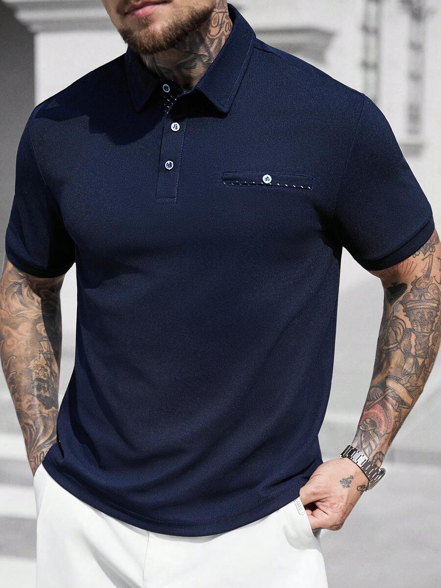 Manfinity CasualCool 大码男士夏季短袖休闲通勤 Polo 衫 - 藍色 - 查看 1