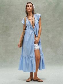 Bohemela Women's Long Dress, Perfect For Summer Casual Vacations, Romantic And Elegant, French Beach, Bohemian, Country Music Festivals. Solid Color, Woven Jacquard, Lace Trim Details, Loose Ruffled Hem. A Free And Relaxed Style, Fashionable Women's Clothing, Beachwear, Summer Vacation Wear. - Blue - View 11