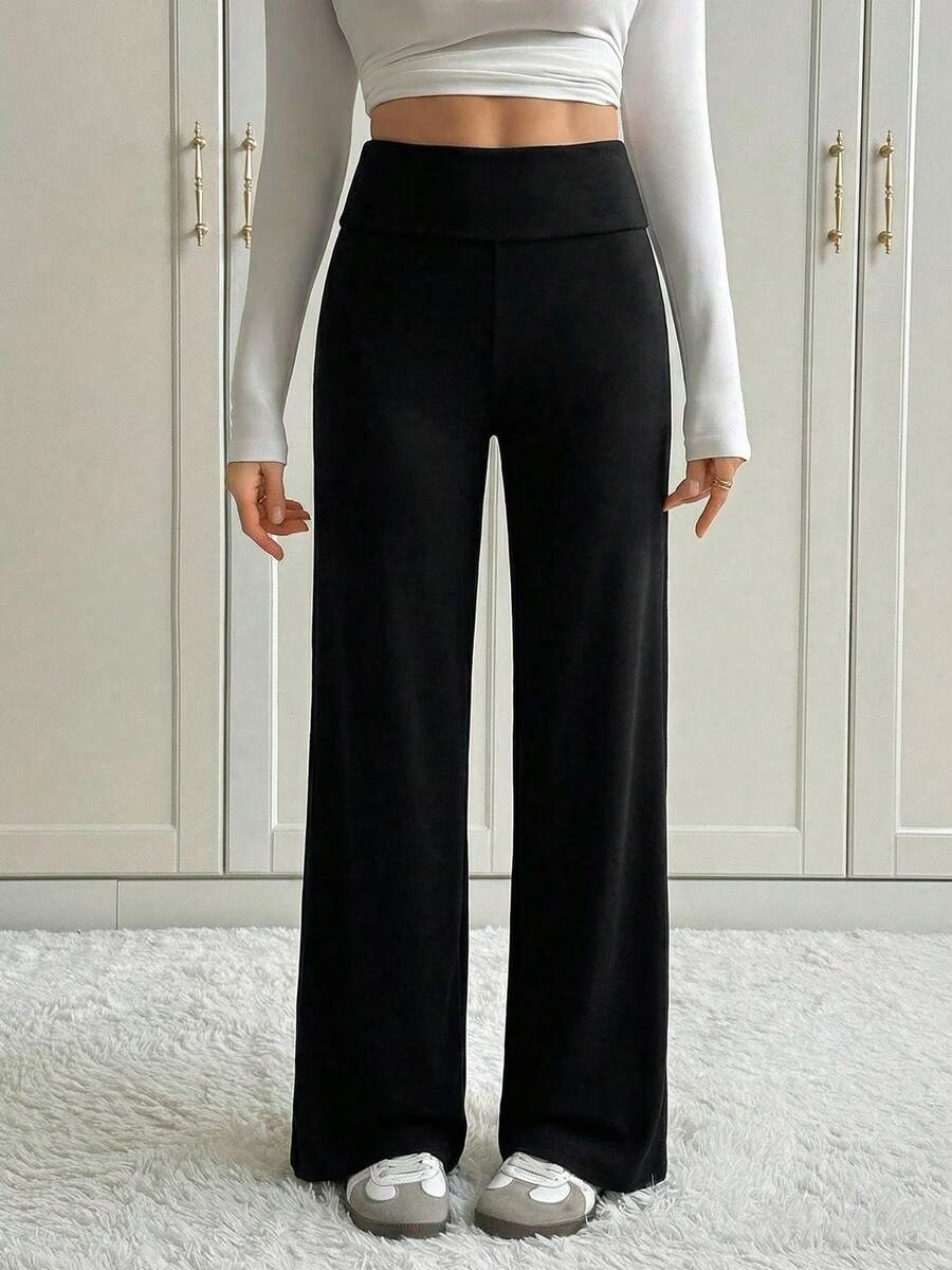 SHEIN Tall 女款純黑色折腰寬腿褲,秋季休閒居家運動褲,鬆身長腰優雅居家服,適合秋季與冬季,高個女性穿著 - 黑色 - 查看 1