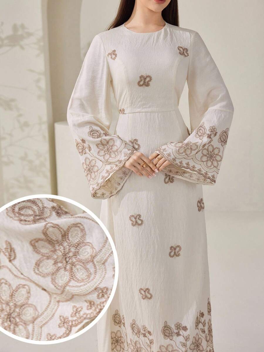 Veilorie 女士花卉刺绣圆领喇叭袖优雅阿拉伯风格连衣裙 - 杏色 - 查看 1