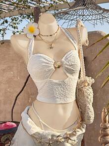 Trelyra Women's Elegant Vacation Fashion Minimalist Versatile Lace & Metal Decor Halter Top, Spring/Summer - Apricot - View 6