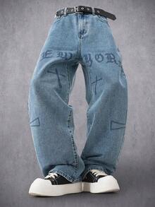 Manfinity Denimwave Men's Street Style Printed Washed Straight Leg Wide Jeans - Medium Wash - View 1