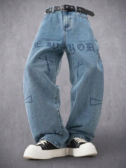 Manfinity Denimwave Erkek Sokak Stili Baskılı Yıkanmış Düz Paça Geniş Kesim Kot Pantolon