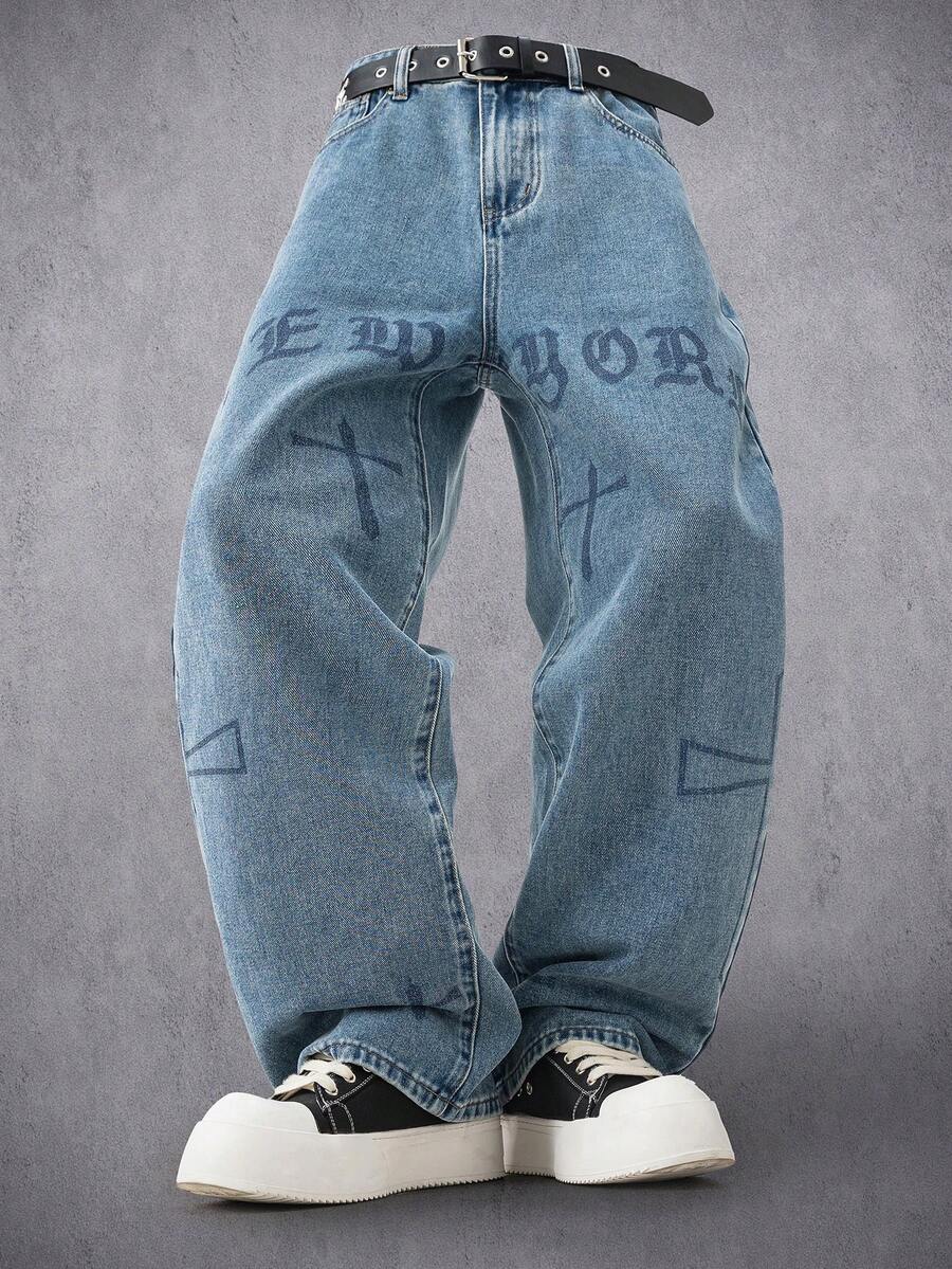 Manfinity Denimwave Men's Street Style Printed Washed Straight Leg Wide Jeans - Medium Wash - View 1