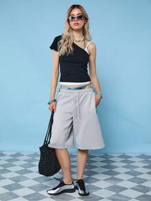 COUREZ Double Layer One Shoulder Top With Cami Underlayer /Y2K Summer Clothes For Women Asymmetrical Tops Black TopsCute Sexy Beach Outfits Holiday Outfits Swimwear Summer Vacation Going Out Outfits - Black and White - View 2