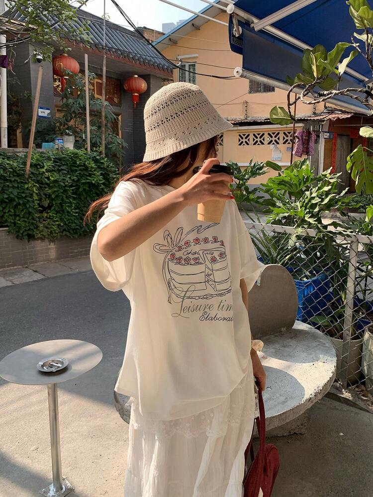 Women's Round Neck Korean Style Cake Letter Print Short Sleeve T-Shirt, Loose Casual Summer Top Graphic Tees Women