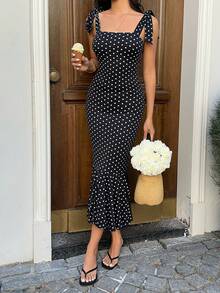 Sunnyshic Women's Black & White Polka Dot Mermaid Hem Tie Bow Maxi Dress, Vacation - Black and White - View 6