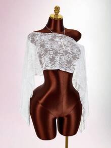 Amplova Women's Glittery Sheer Asymmetric Shoulder Loose Fit Asymmetrical Hem Blouse, Party Wear - White - View 6