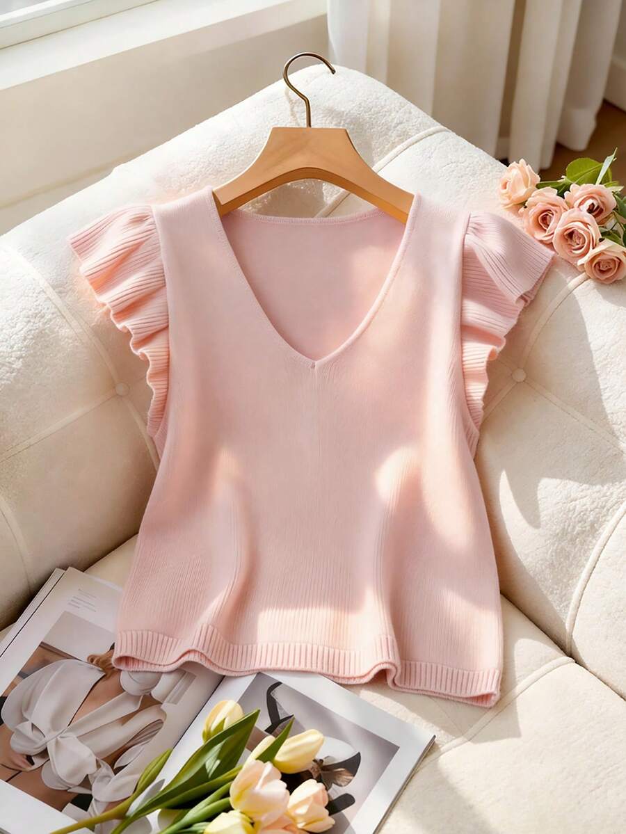 Franclia 浅粉色荷叶边喇叭袖V领时尚简约优雅复古通勤休闲春夏低领短袖修身针织上衣女款浅粉色上衣夏季上衣女款粉色上衣女款针织上衣女款可爱上衣 - 淺粉色 - 查看 1