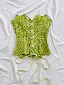 Soleia Top corset con capas de encaje y hombros descubiertos, top bordado calado, adecuado para vacaciones, discoteca, invitado de boda, otoño - Verde - Ver 2