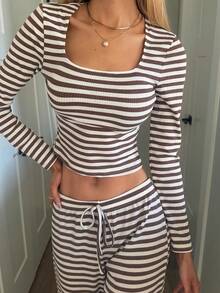 Sydney Algeri 女式条纹简约长袖上衣和系带阔腿裤休闲两件套服装 - 彩色 - 查看 5