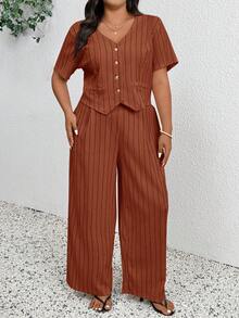 SHEIN Frenchy Bộ đồ 2 mảnh kẻ sọc tối giản, đa năng, phong cách mùa xuân/hè dành cho nữ, áo blazer và quần tây, thích hợp cho mùa thu/đông. - trái cam - Xem 5