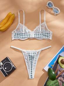 Eraneu Set de 2 piezas de lencería con parche de cuadros y encaje de moda para niñas - Multicolor - Ver 8