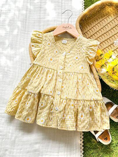 SHEIN Vintaside Kids 1pc Young Girl Casual Floral Print V-Neck Dress, Suitable For Summer, Outdoor Vacation