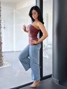 Vassilux Top Cropped de Couro PU Sem Manga de Cor Sólida, Usado Casual Minimalista de Moda para Uso Diário - Vinho - Visão 4