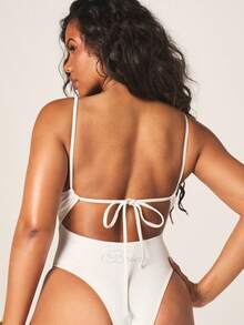 MISSGUIDED Bridal Rhinestone Detail Cut-Out One-Piece Swimsuit With V-Neck And High-Rise Coverage Wedding Honeymoon Monokini - White - View 3