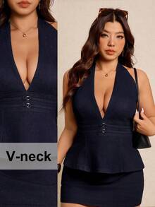 Elaquor Áo kiểu denim cổ yếm cài cúc sâu, cổ chữ V gợi cảm dành cho nữ cỡ lớn, áo denim mùa xuân cho nữ. - Rửa tối - Xem 1