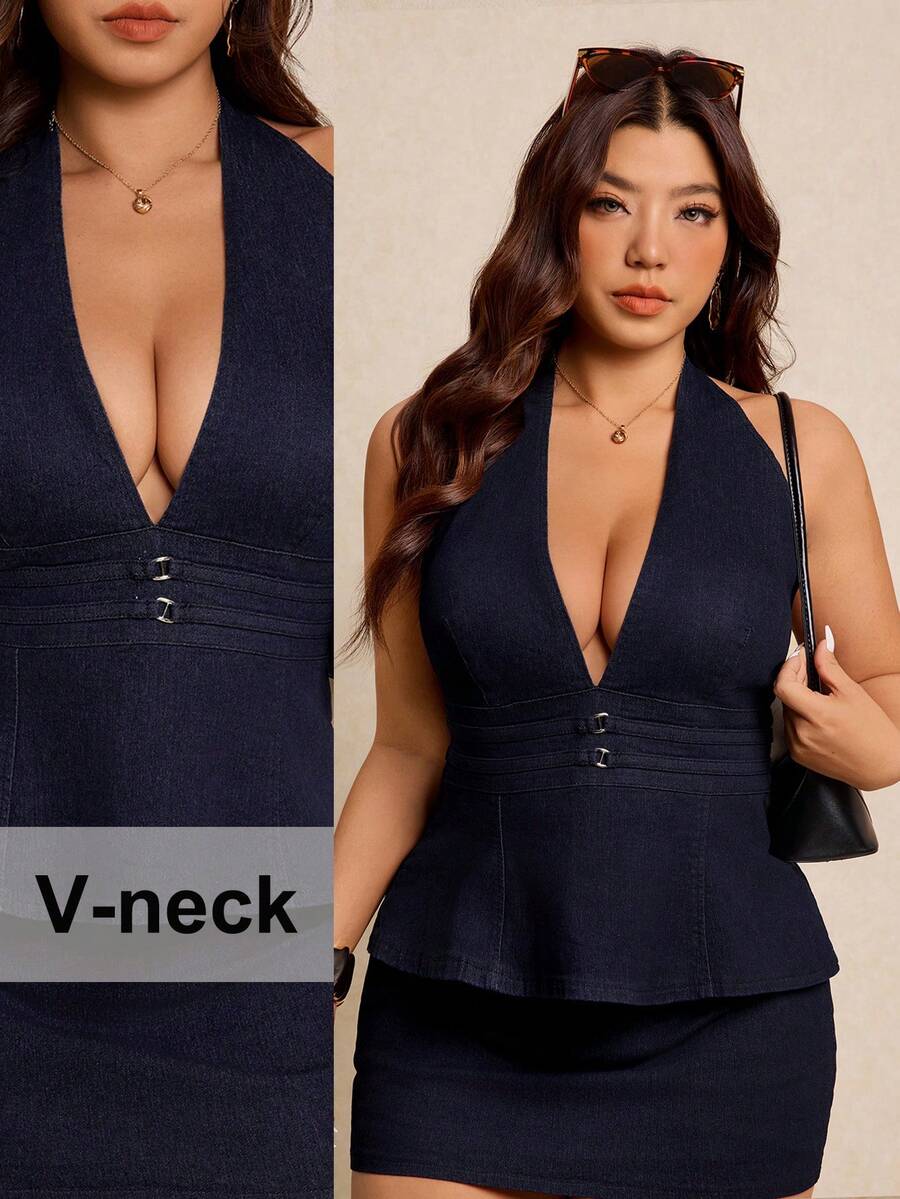 Elaquor Áo kiểu denim cổ yếm cài cúc sâu, cổ chữ V gợi cảm dành cho nữ cỡ lớn, áo denim mùa xuân cho nữ. - Rửa tối - Xem 1