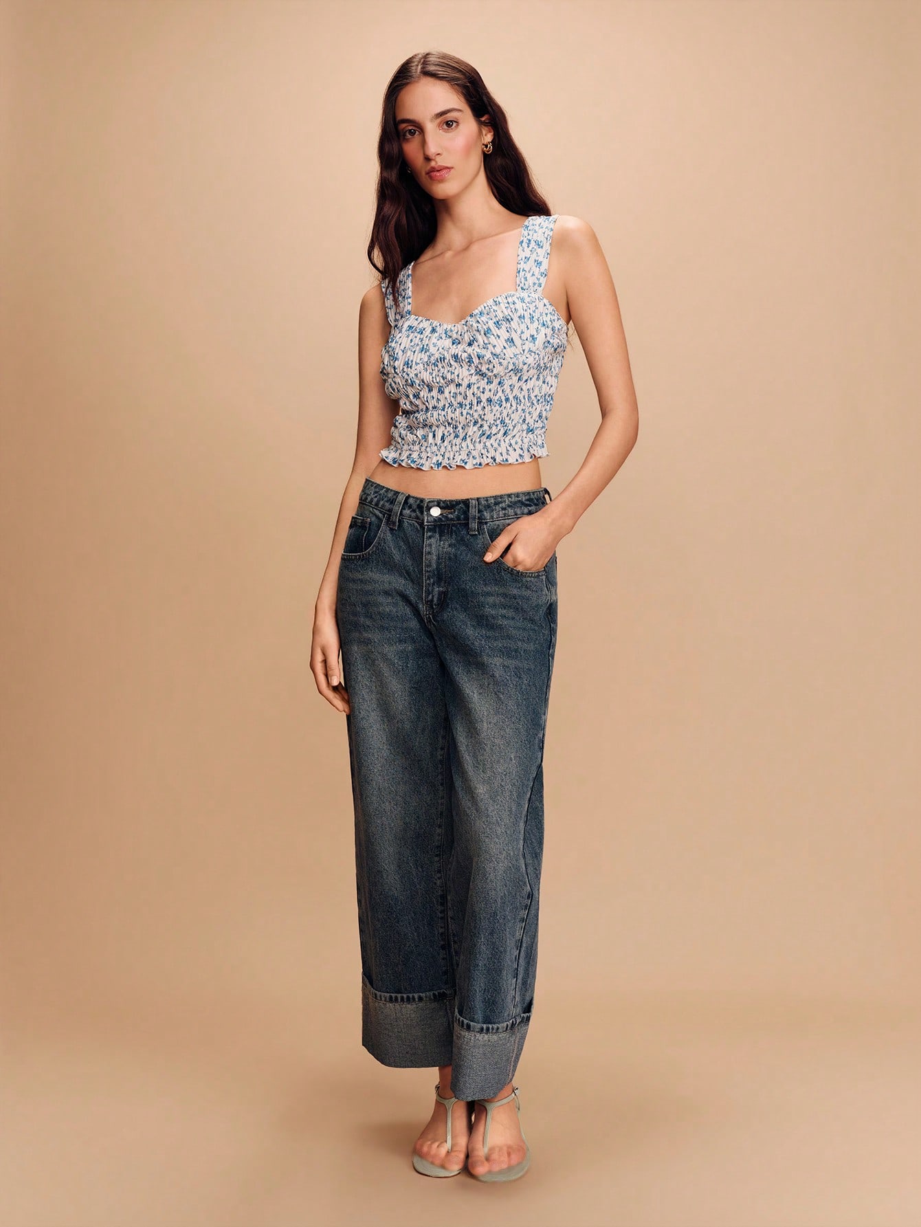 Blue Floral Vintage Print Shirred Square Neck Strap Top Cute Spring Summer French Style Parisian Style