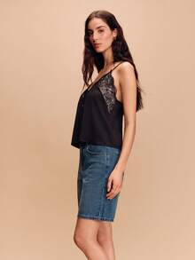lacRébo Lace Deep V Neckline Cami With Straps Spring Summer Vacation French Style Parisian Style Black Lace Top Cami Tops Black Summer Top Black Satin Top - Black - View 6
