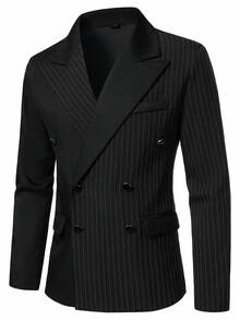 Manfinity Mode Bộ vest công sở nam kiểu Anh, ve áo kẻ sọc, hai hàng khuy, tay dài. - màu đen - Xem 5