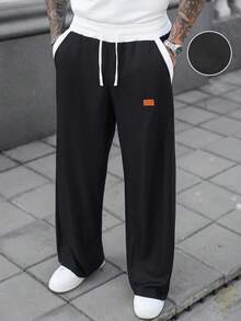 Manfinity Homme 男士休闲撞色抽绳口袋运动裤，男士复古风，日常休闲、周末旅行、户外活动、探险旅行、轻松的工作环境或半正式场合，男友/老公礼物，周年纪念/生日礼物，派对、夏季假期、婚礼、春夏、复活节，男士黑色华夫格针织休闲裤，白色抽绳和口袋，休闲宽松版型，日常穿着，男士抽绳运动裤，男士运动裤，抽绳运动裤，黑色运动裤，休闲裤 - 彩色 - 查看 3