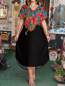 EMERY ROSE Vestido Plus Size com Decote em V, Bainha Franzida, Verde Tropical, Estilo Boho para Verão, Férias e Feriados, Primavera & Verão, Roupas Estilo Country para Mulheres - Preto - Visão 3
