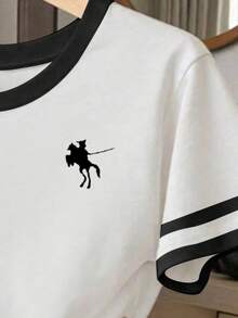 少女休闲复古校园经典Logo印花短袖圆领T恤短裤套装，适合夏季度假穿着；白色T恤适合日常居家穿着；黑色条纹印花时尚舒适百搭T恤，适合所有季节；黑色马术图案T恤，适合春、夏、秋、冬四季穿着，舒适休闲。 - 黑色 - 查看 3