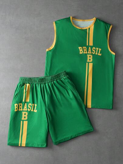 Aesthetic Post Men's Sporty Casual Summer Contrast Color Letter Print T-Shirt And Shorts Set, Football Outing Holiday Gift,Brazilian Yellow And Green Color Scheme Jersey, Vest And Shorts Set For Men,Spring To Summer,Summer,Vacation,Vintage,Going Out,Party,Festival,Gift For My Boyfriend,Streetwear,Workout