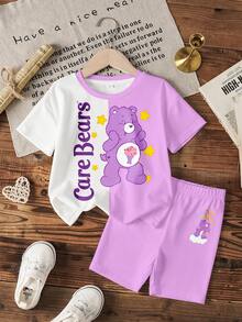 SHEIN X Care Bears 少女T恤短裤套装 - 白色 - 查看 1