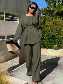 Livesso 女士宽松商务休闲时尚街头风荷叶边腰部设计套头衫搭配直筒裤两件套，优雅的办公室通勤装，适合夏季、秋季、春季穿着。 - 墨綠色 - 查看 5