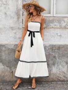 Brillora Damen Lässig Taillengürtel rückenfrei Trägerkleid, Sommer - Schwarz und Weiss - Übersicht 8