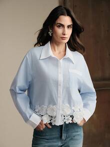 Anewsta 2026 Spring/Summer New Casual Versatile Commuting Lace Embroidered Women Long Sleeve Blouse - Blue and White - View 4