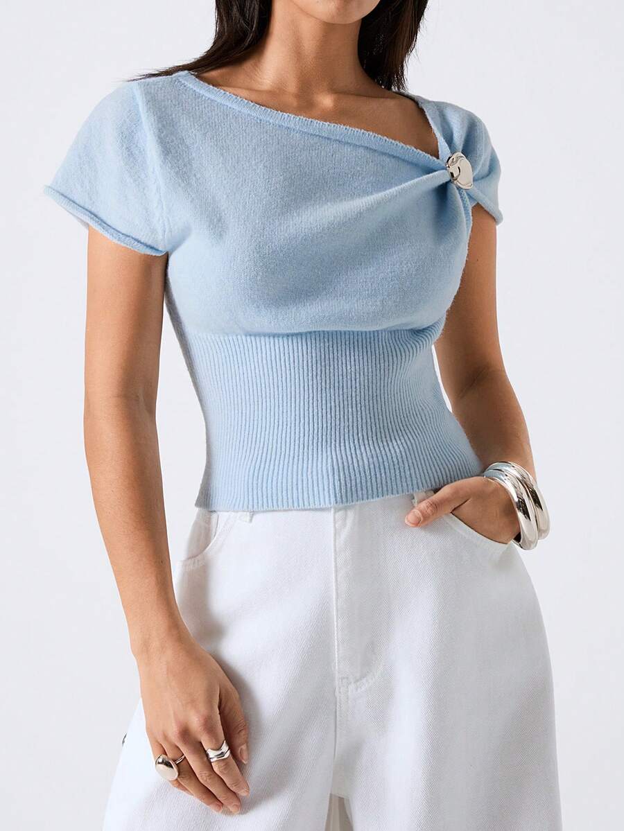 LYSMO 2026 New Arrive Minimalism Spring/Summer Women's Baby Blue Solid Color Short Sleeve Fitted Knit Top Summer Vacation Spring Breaks Summer For Women Beach Top Casual For Women Going Outs - Blue - View 1