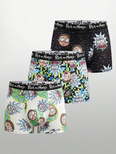 Rick and Morty X SHEIN 3 buc boxeri confortabili pentru bărbați, cu imprimeu de personaje de desene animate și litere, talie elastică