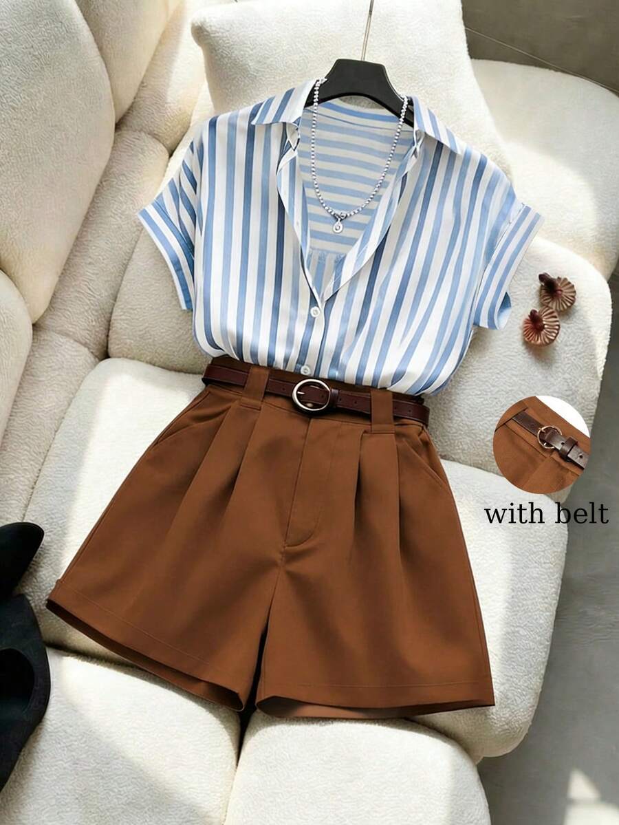 Franclia Conjunto casual y elegante de camisa de manga corta de corte holgado a rayas y shorts de color contrastante para mujer (con cinturón), versátil para vacaciones, negocios, citas, fiestas, playa y uso diario en verano - Multicolor - Ver 1