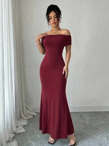 Rafferiza Fashionable Elegant Off-Shoulder Mesh Sexy Dress - Burgundy - View 4