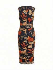 Ellevyn Women's Elegant Floral Print Halter Neck Sleeveless Ruched Fitted Mid-Length Dress, Vacation Style - Multicolor - View 7