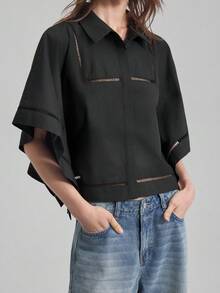Ontre Áo sơ mi nữ mới mùa Xuân/Hè 2026, phù hợp cho thời tiết chuyển mùa, đi học, phong cách đồng quê, công sở, trang phục thường ngày, hẹn hò, đi chơi, sân bay, dự tiệc, áo sơ mi dáng rộng màu trơn, kiểu dáng thường ngày. - màu đen - Xem 5